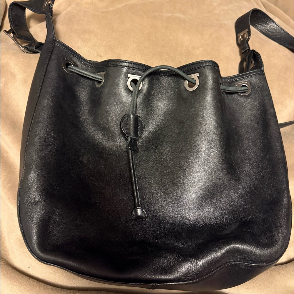 Ferragamo Black Leather Drawstring Bag with Small Pouch Crossbody